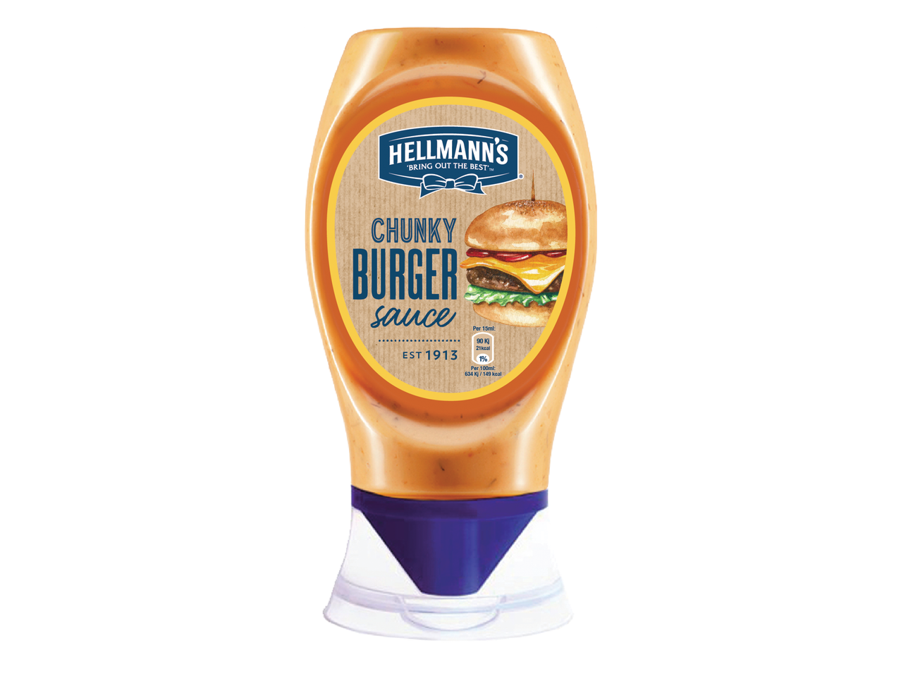 Бутилка сос за бургер с етикет, изобразяващ бургер и надпис 'Chunky Burger Sauce'.
