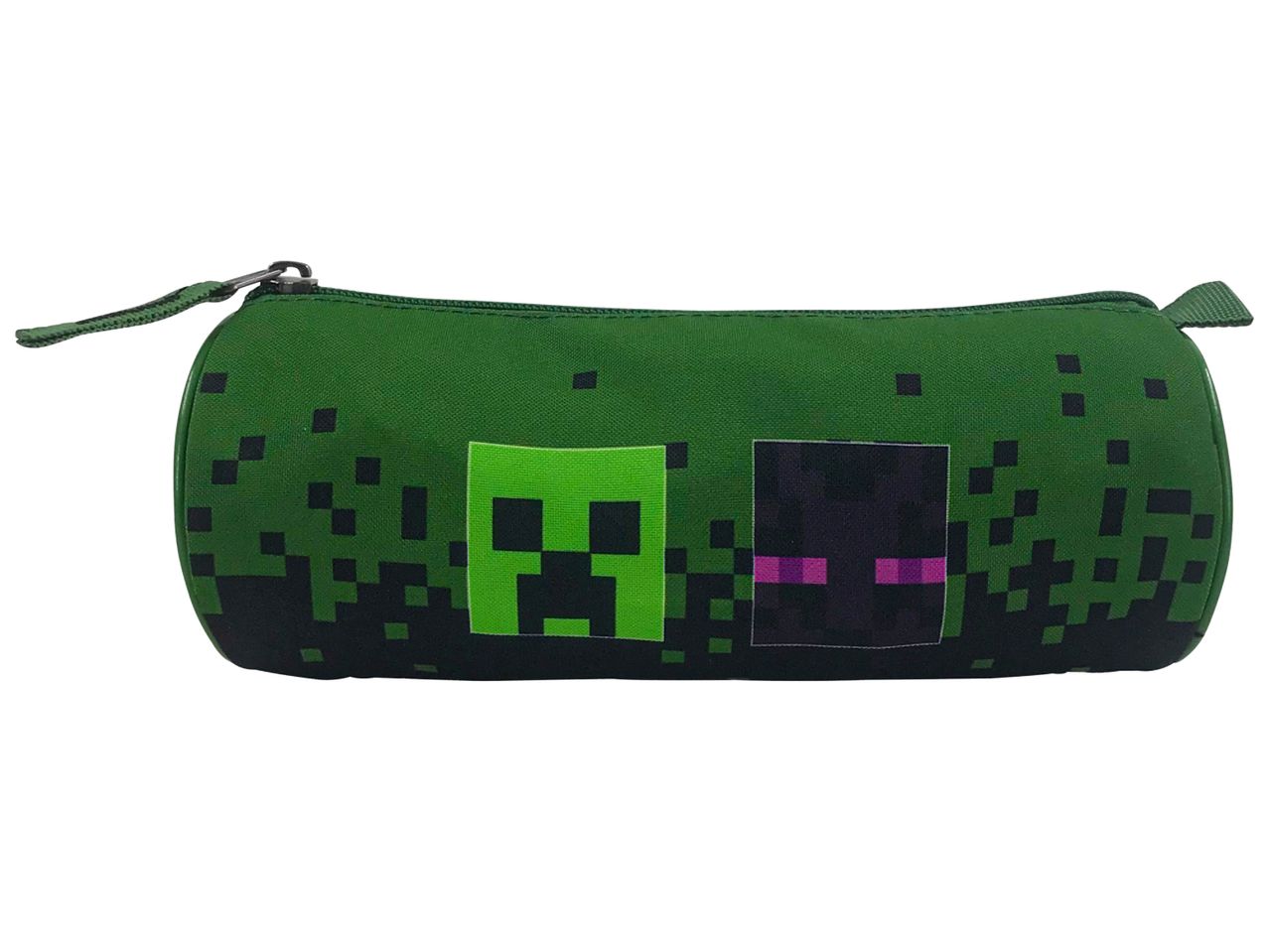 Зелен несесер с пикселни изображения на глави на Creeper и Enderman от Minecraft.