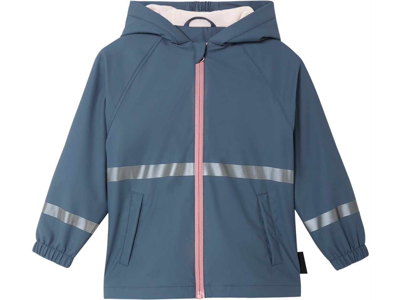 Mėlyna vaikų lietpaltis su rožiniais ir šviesą atspindinčiais elementais.