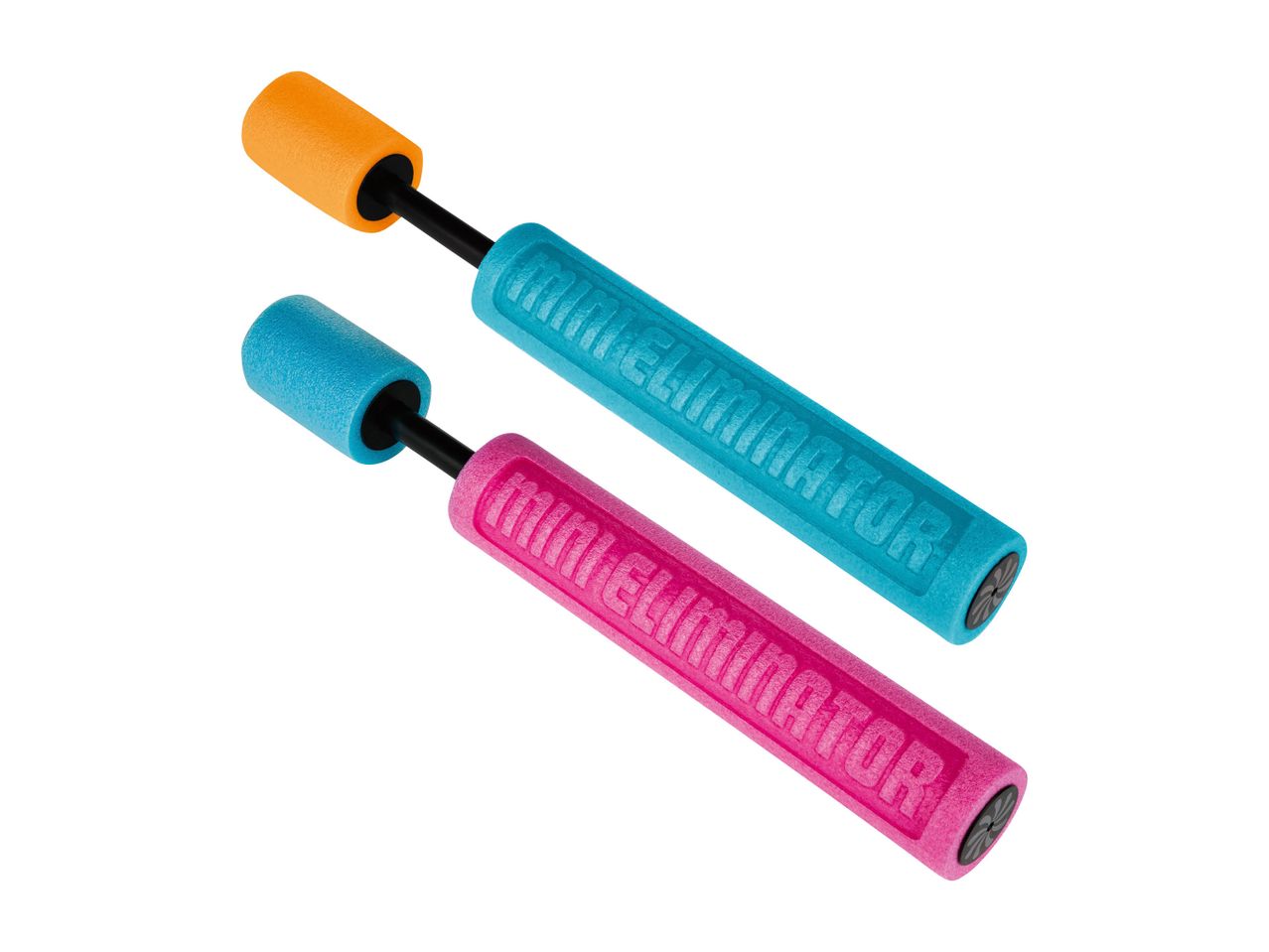 Zwei bunte Wasserspritzpistolen aus Schaumstoff, eine blau und eine pink, mit der Aufschrift 'MINI ELIMINATOR'.