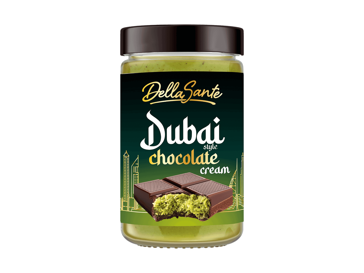 Glas Dubai-Schokoladencreme mit grüner Füllung.