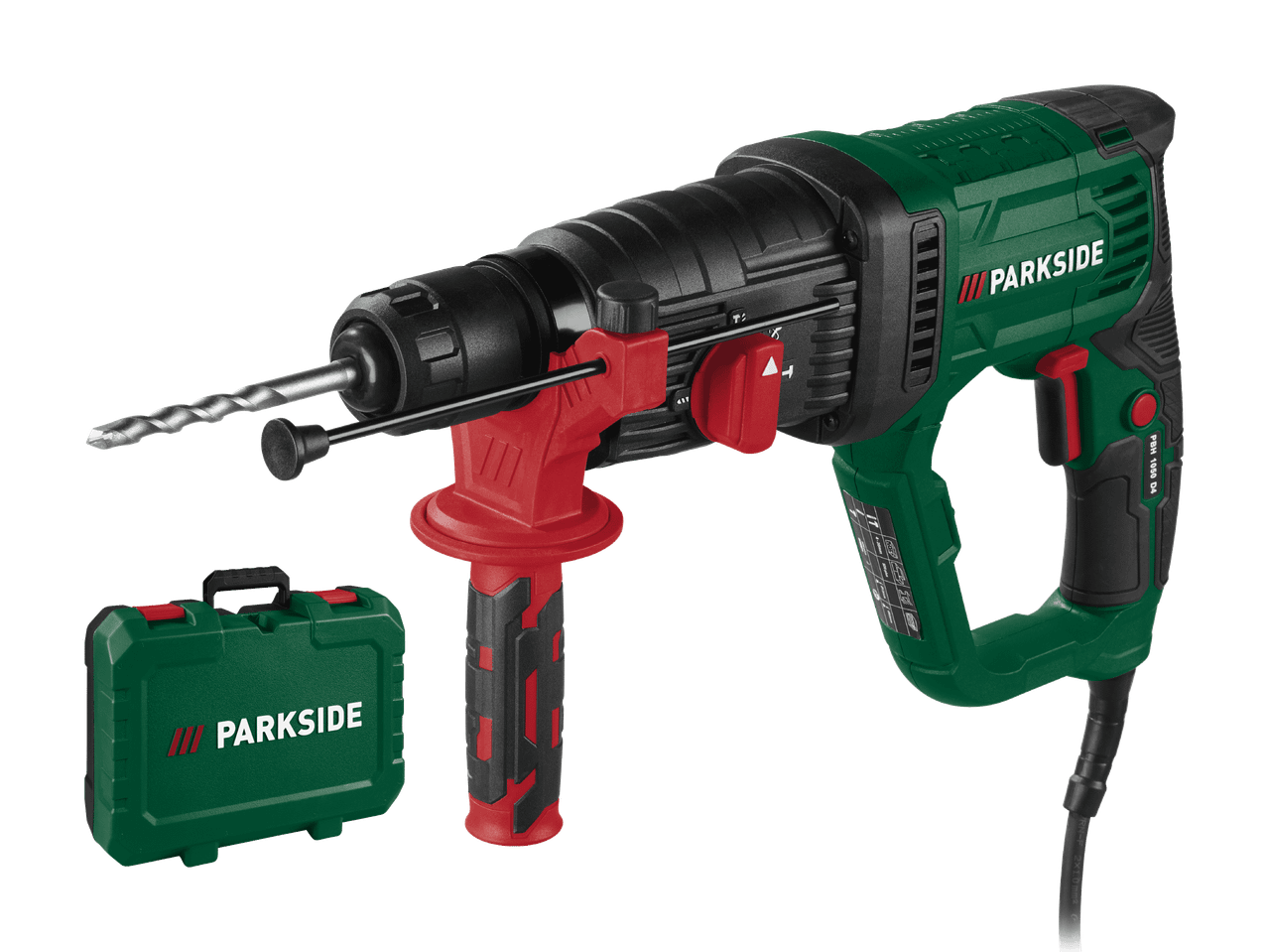 Bohrhammer mit Koffer, Bohrer und Zubehör.