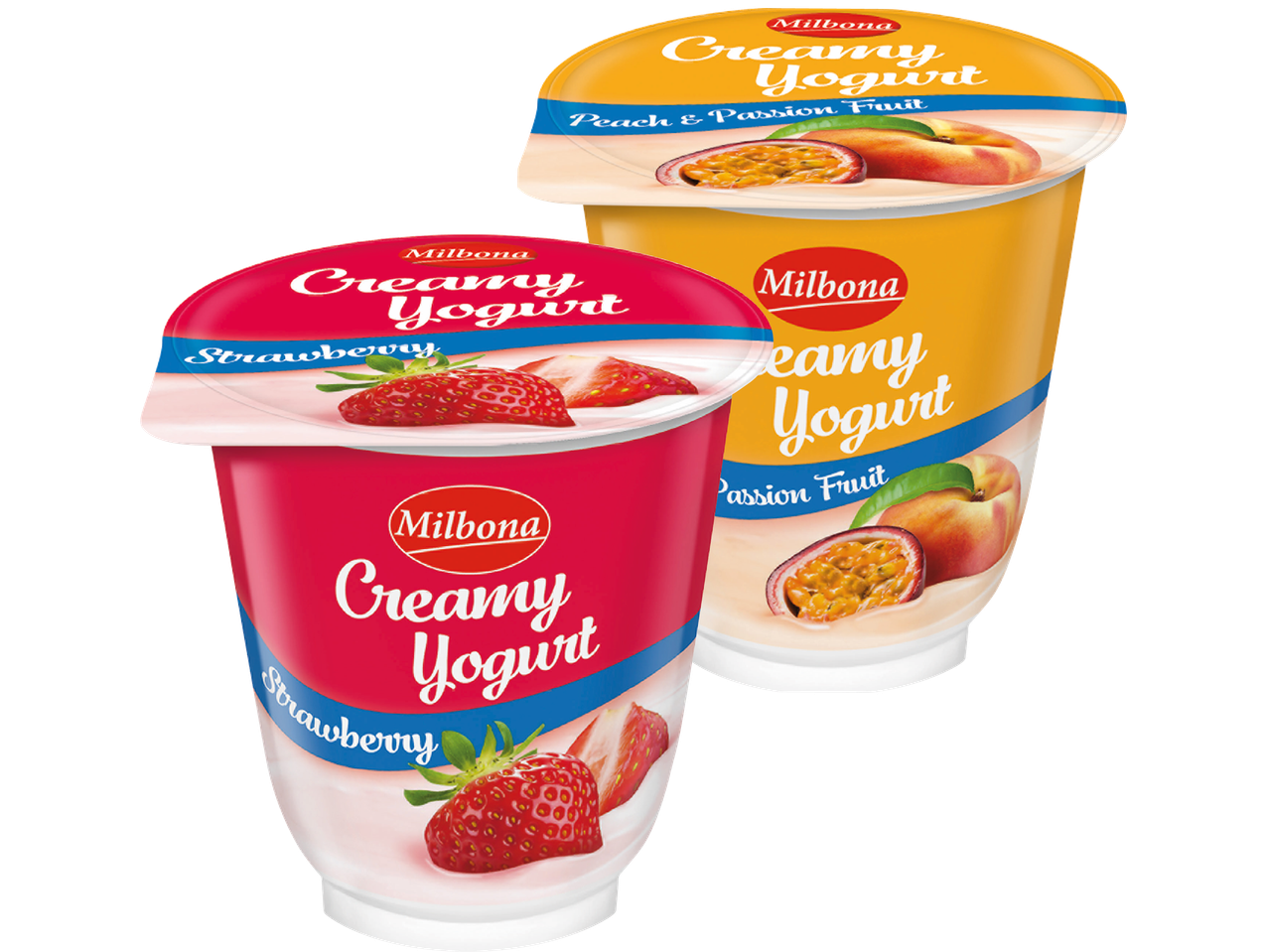 Två Milbona krämiga yoghurtar: en med jordgubb och en med persika och passionsfrukt.