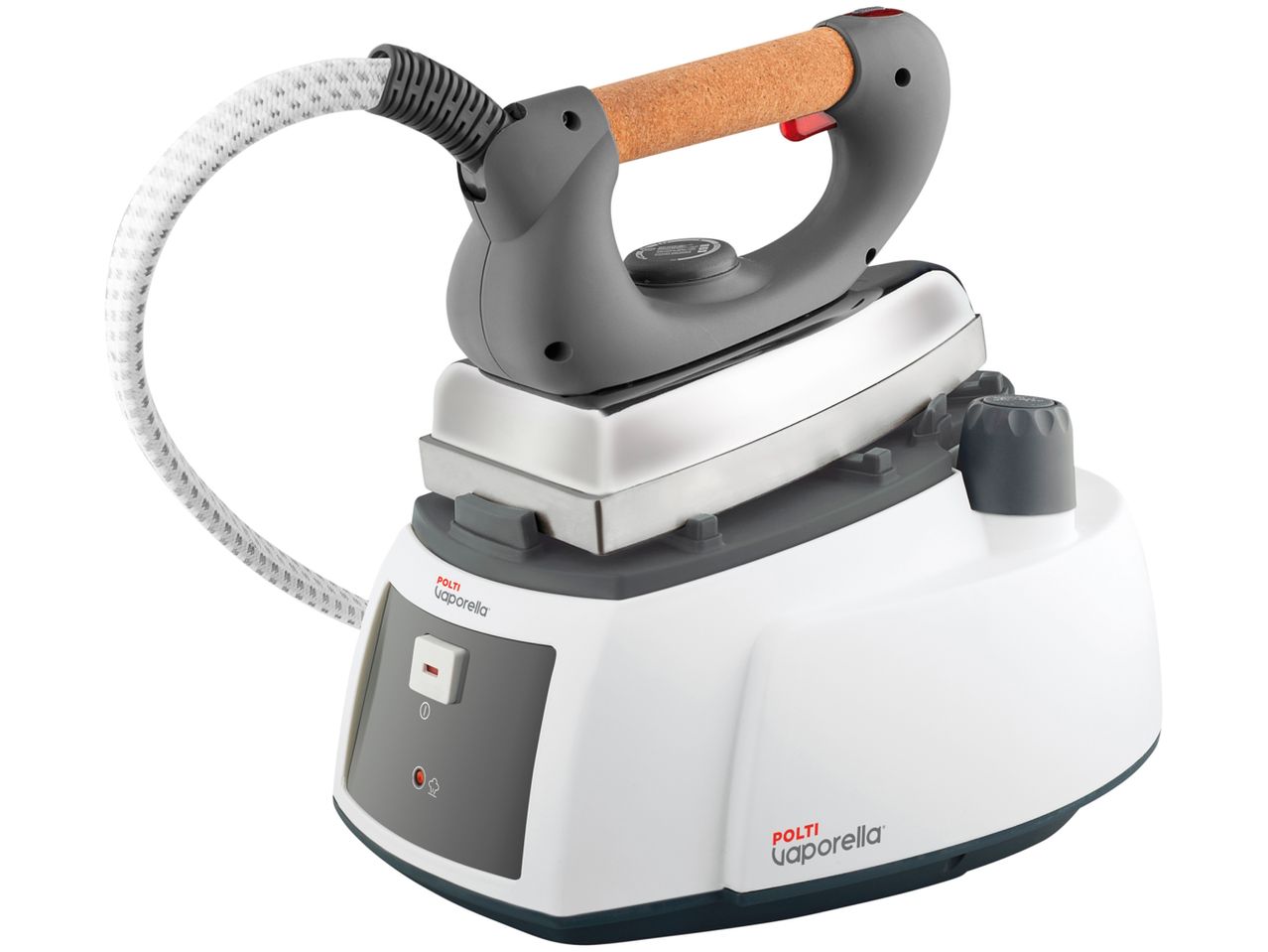 Polti Vaporella steam iron with a white and grey base and a cork handle.