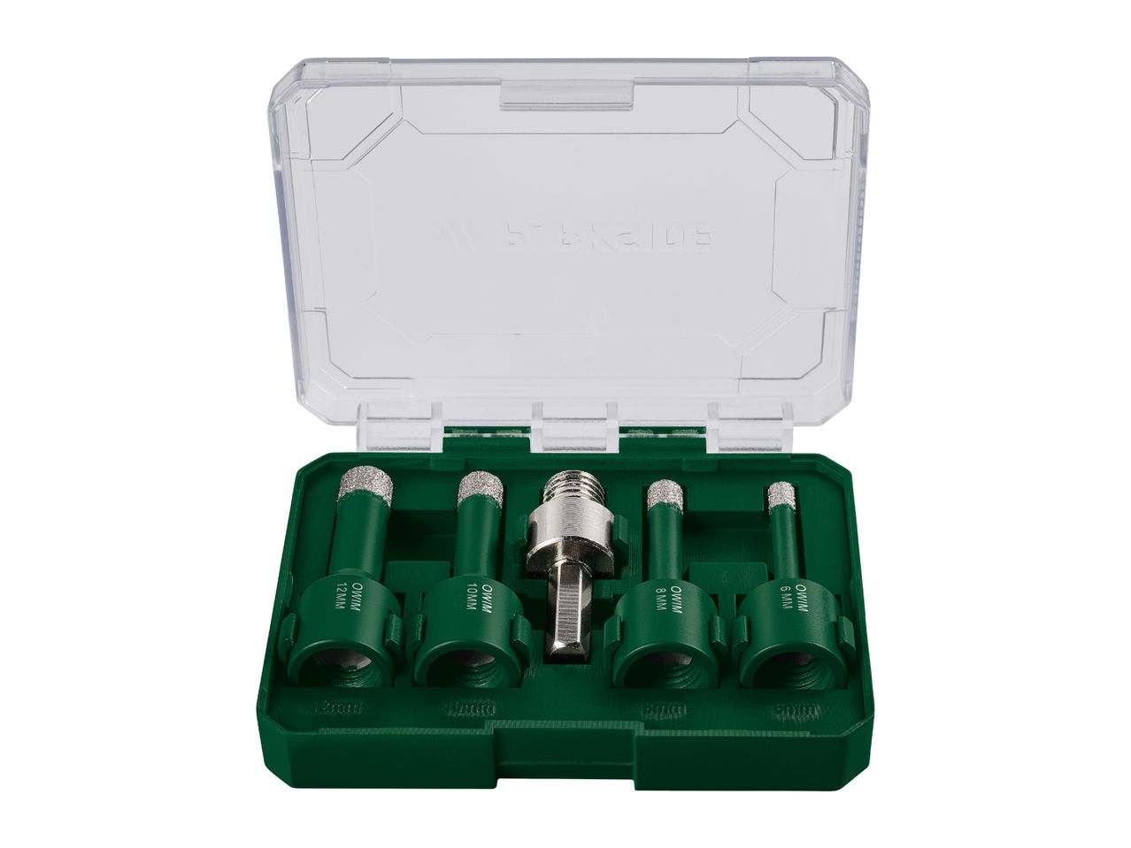 Diamond drill bit set with 6, 8, 10, and 12 mm bits and an adapter in a green case.