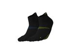Two black athletic socks, one with blue stripes and one with green stripes.