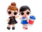 Two LOL Surprise dolls, one in a black dress and the other in a sailor-style outfit, with a large drink cup.