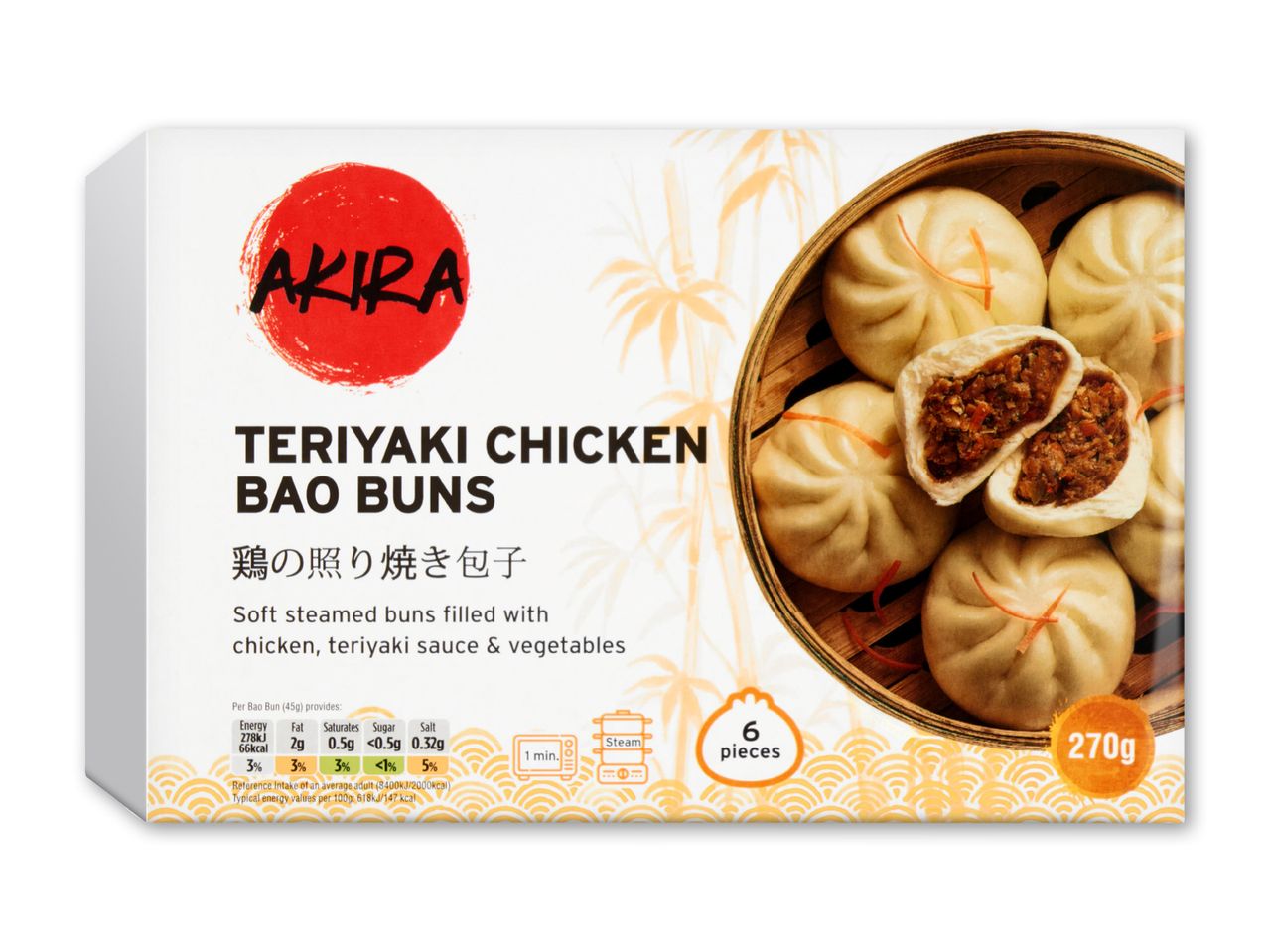 Pakke med teriyaki kylling bao buns, med en åben bolle der viser fyldet.