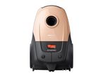 Front view of a compact vacuum cleaner in peach and dark grey, with an orange power button.