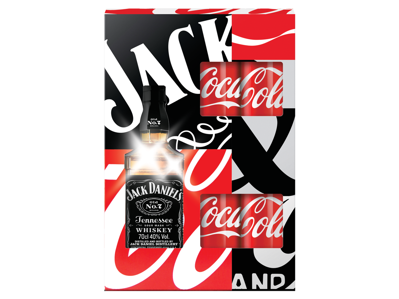 Подаръчен комплект с бутилка уиски и две кутии кола, с надписи „JACK“ и „Coca-Cola“.