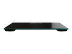 Digital bathroom scale with a black glass surface and a teal edge