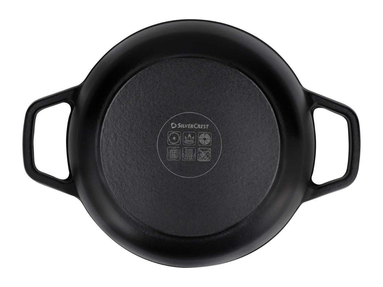 Bottom view of a black cast iron pot with handles, showing cooking compatibility symbols.