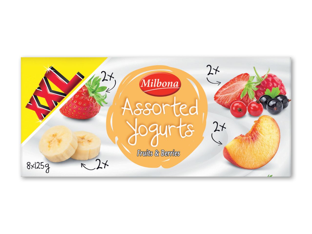 Milka Assorted Yogurt bar med jordbær, banan og fersken.