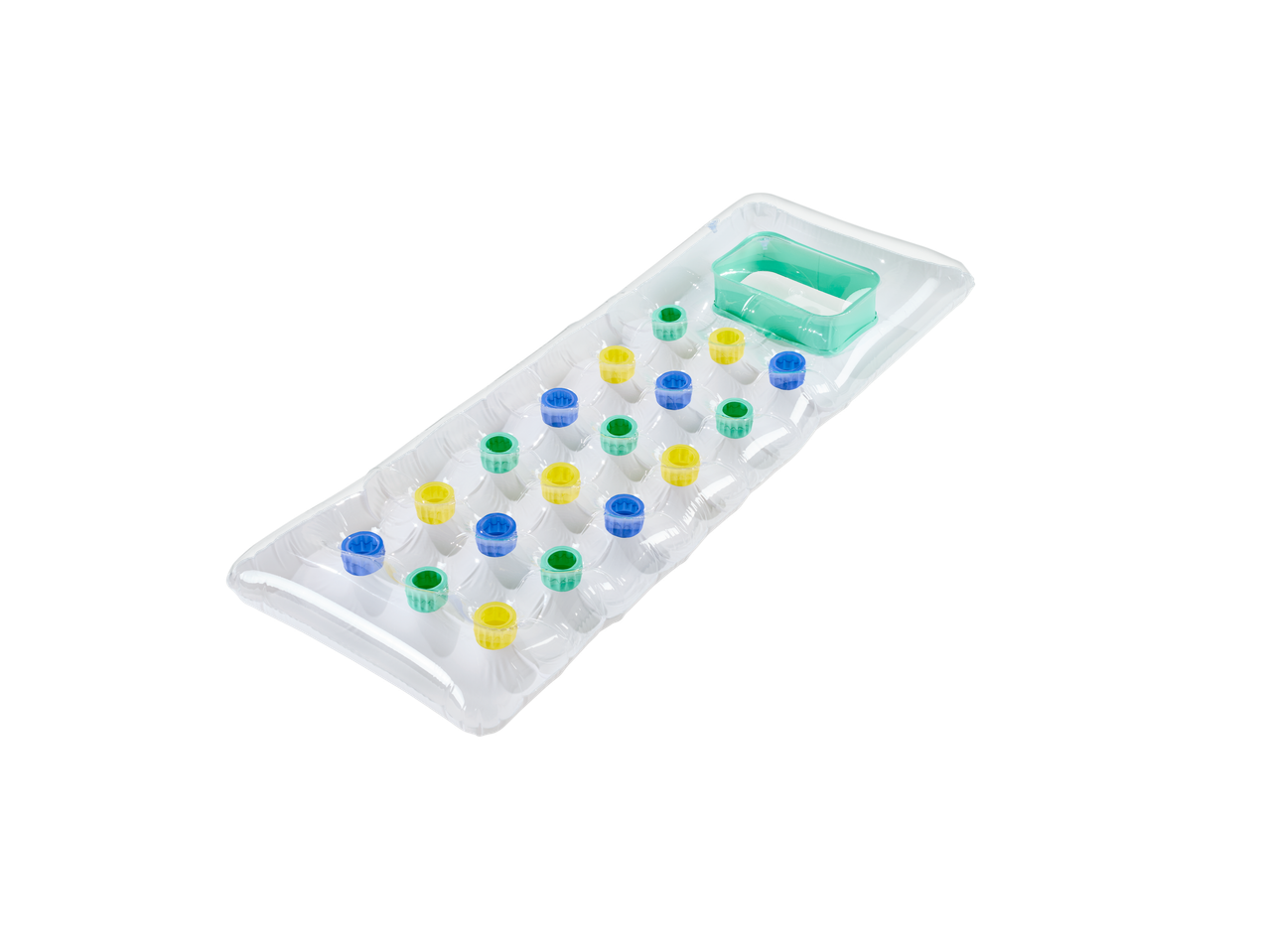 Colchão insuflável de piscina com almofadas coloridas e apoio de cabeça