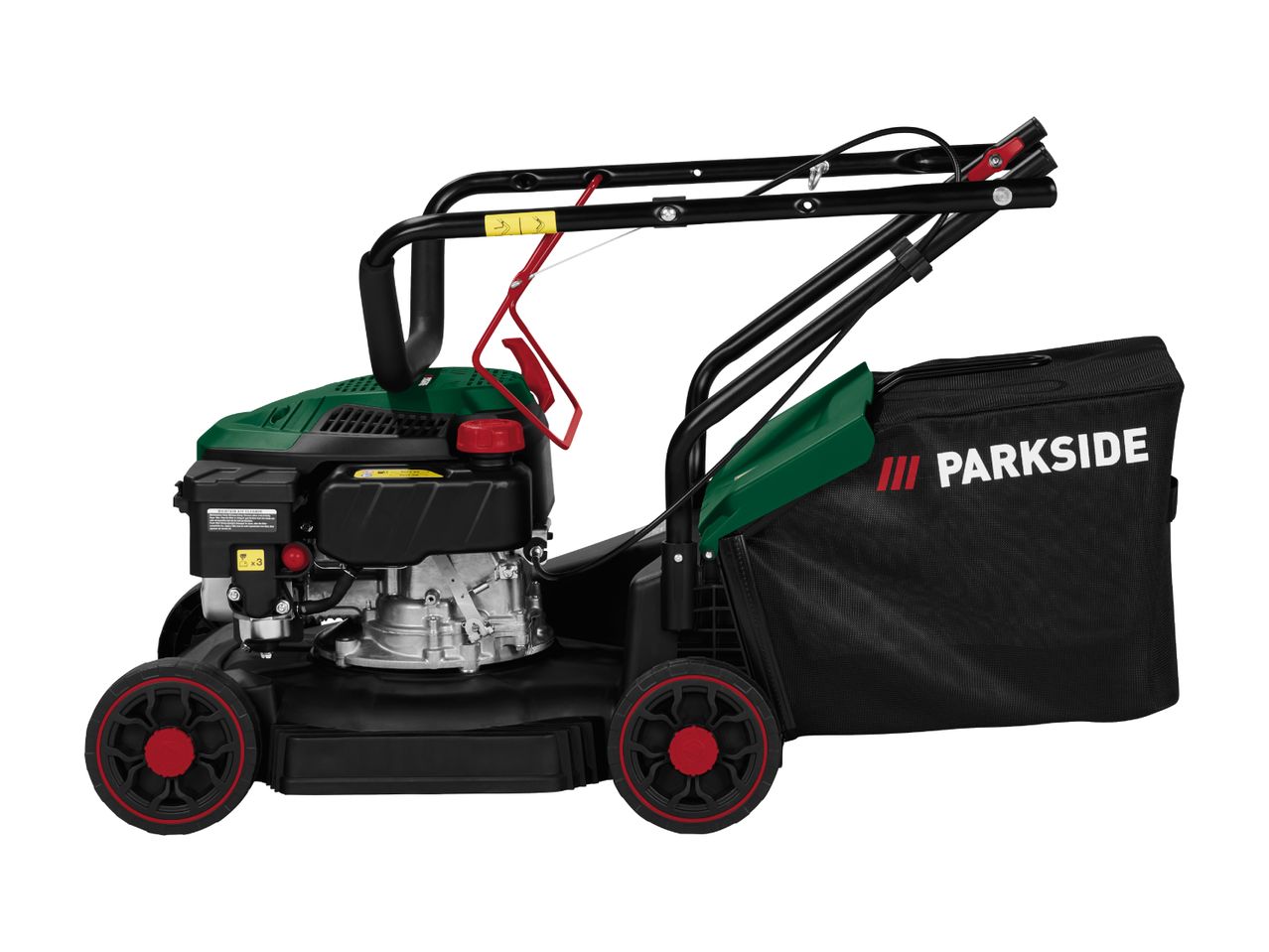 A Parkside petrol lawnmower with a grass catcher.