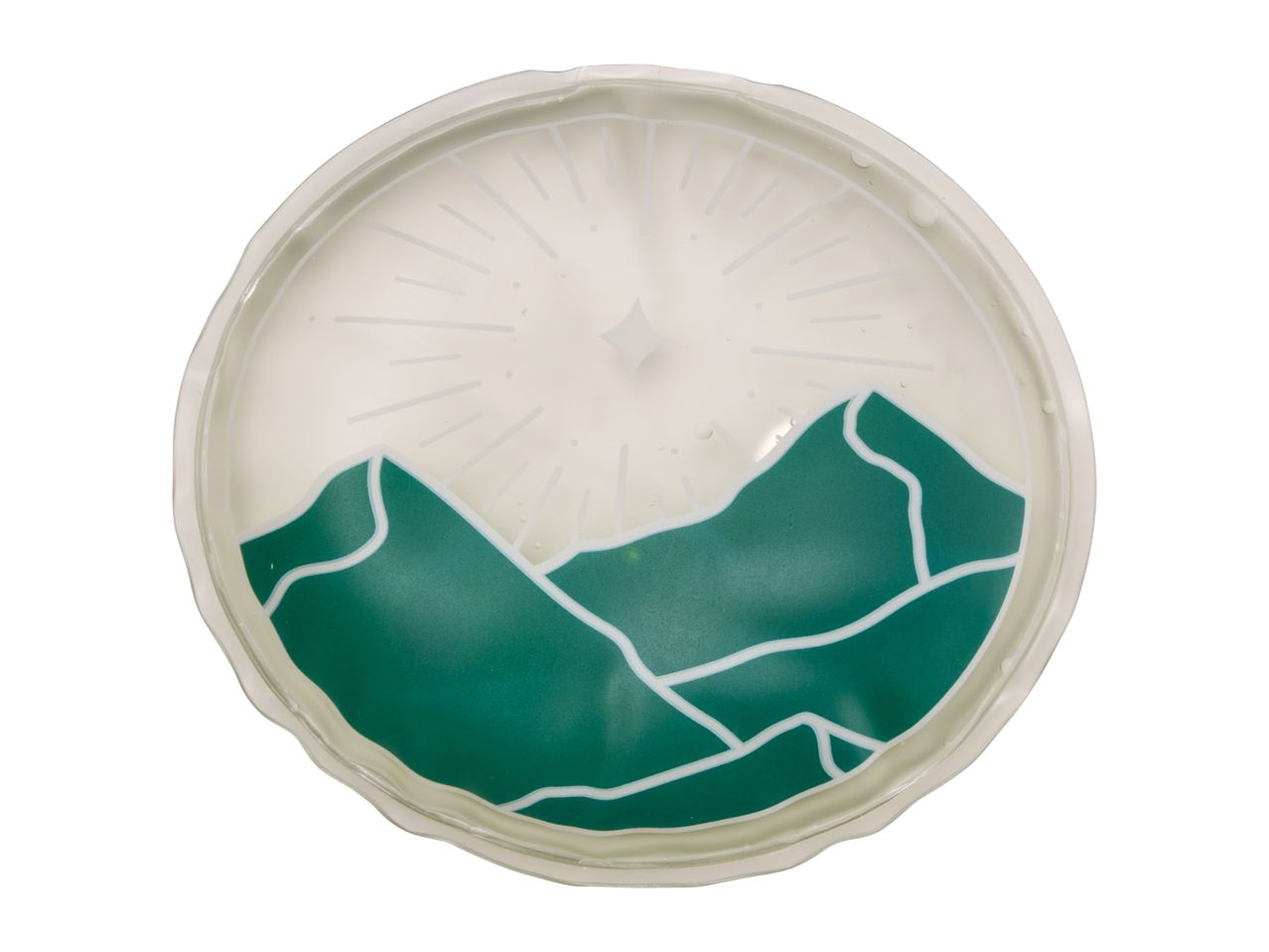 Round gel pack with a green mountain and sunburst design