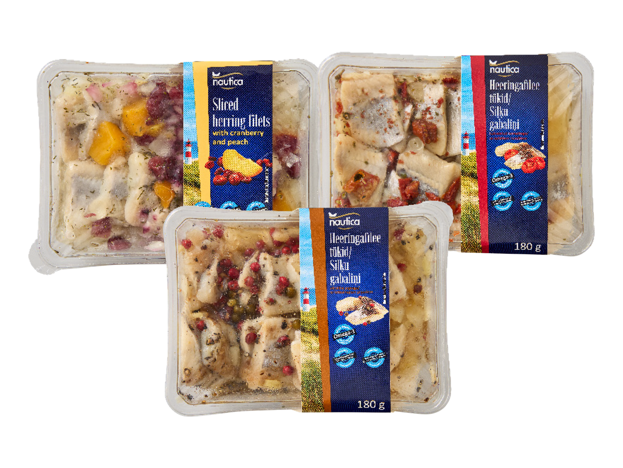Kolm pakki Nautica heeringafileed jõhvikate, virsikute ja vürtsidega.