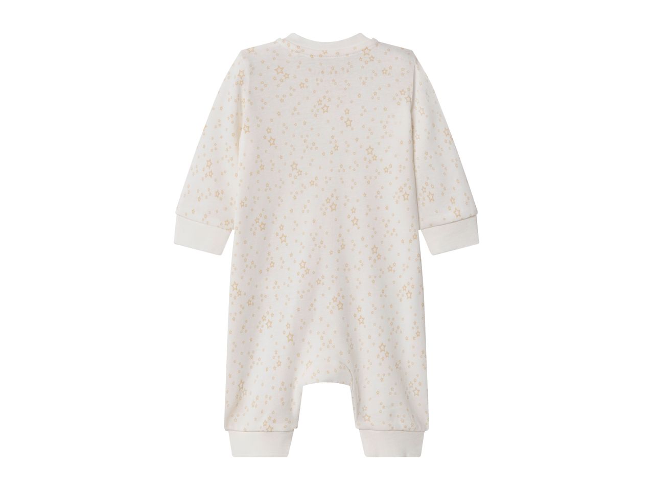 White baby romper with gold star pattern, back view