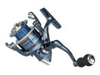 Fishing reel in blue and silver with a black handle, showing line capacity details.