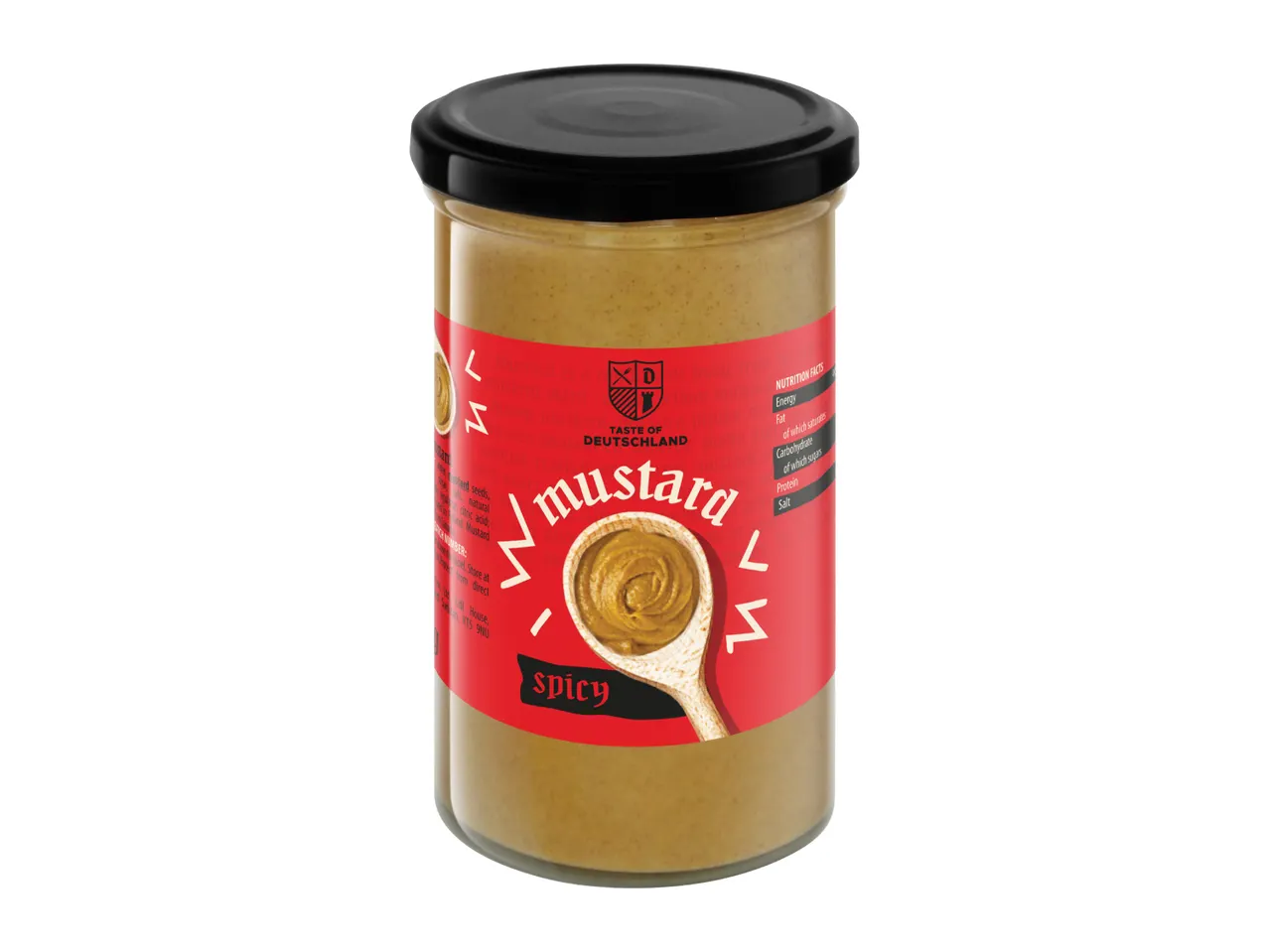 A glass jar of spicy mustard with a red label, featuring a spoon of mustard and nutritional facts.