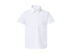 White short-sleeved button-up shirt with a collar and a chest pocket.