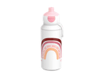 Hvid drikkedunk med lyserødt låg og et regnbuedesign med hjerter og prikker.