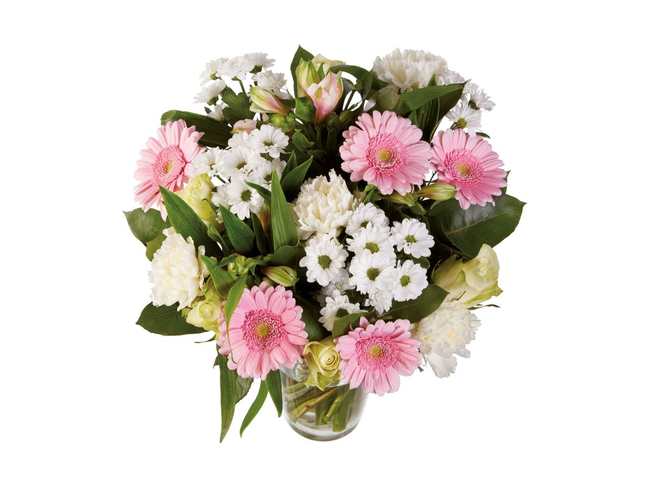 Buketter med lyserøde gerbera, hvide krysantemum og nelliker i en vase.