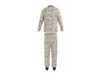 Kids' dinosaur-themed pajamas in beige with blue and brown accents.