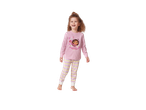 A young girl wearing pink Gabby's Dollhouse pyjamas with striped bottoms.