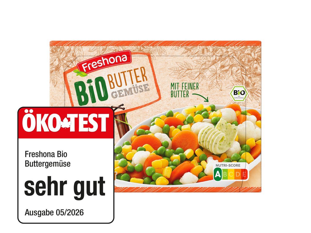 Verpackung für Bio-Buttergemüse mit ÖKO-TEST-Siegel „sehr gut“ und Nutri-Score A.
