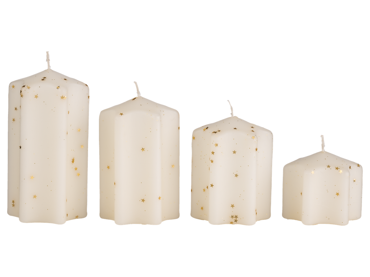 Keturios baltos LIVARNO home žvakės su auksinėmis žvaigždutėmis, skirtingo aukščio.