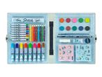 A light blue art set with crayons, paints, markers, and stencils.