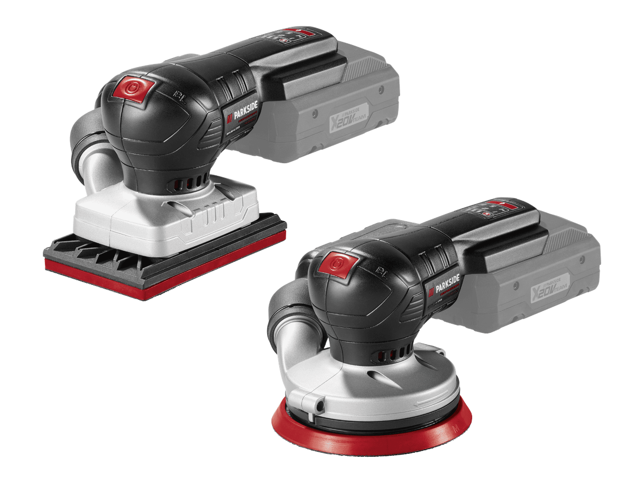 Kaksi Parkside X 20V Team -akkukäyttöistä hiomakonetta, toinen suorakulmainen ja toinen pyöreä.