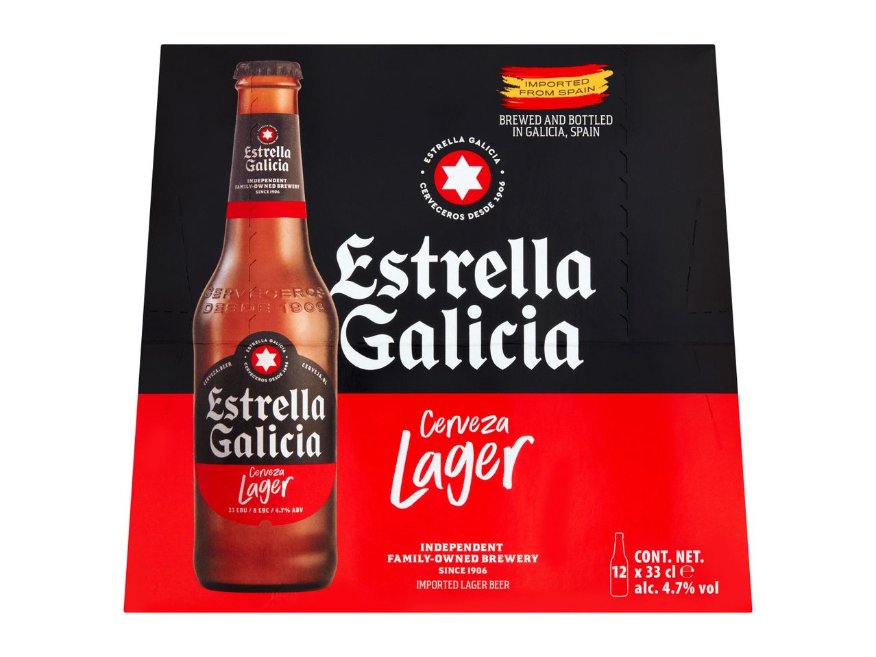 Estrella Galicia beer, 12-pack bottles.