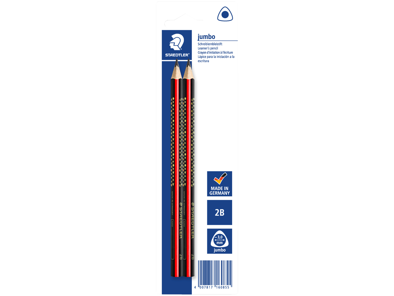 Оловке Staedtler Jumbo 2B, две црне оловке са црвеним и златним детаљима, направљене у Немачкој.