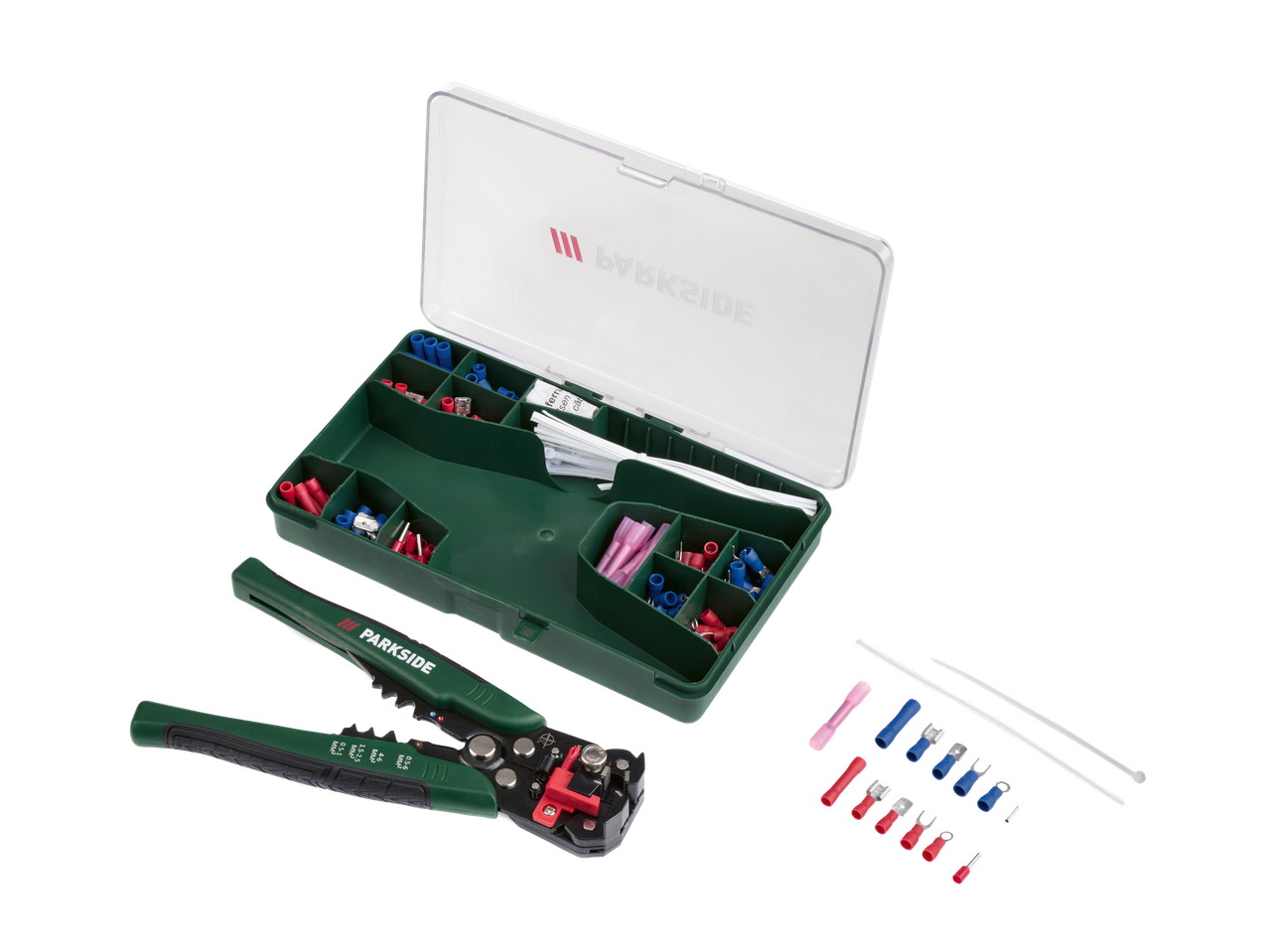 A Parkside crimping tool, a storage box with various electrical connectors, and cable ties.