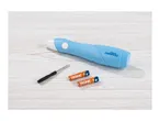 Crelando electric eraser with screwdriver and two Tronic AAA batteries on a wooden surface.