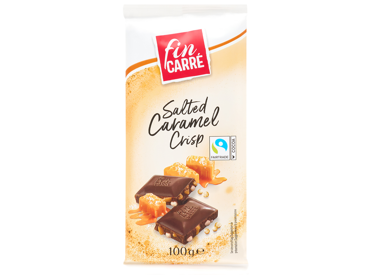 Fin Carré Salted Caramel Crisp chocolate bar with caramel pieces and Fairtrade cocoa logo.