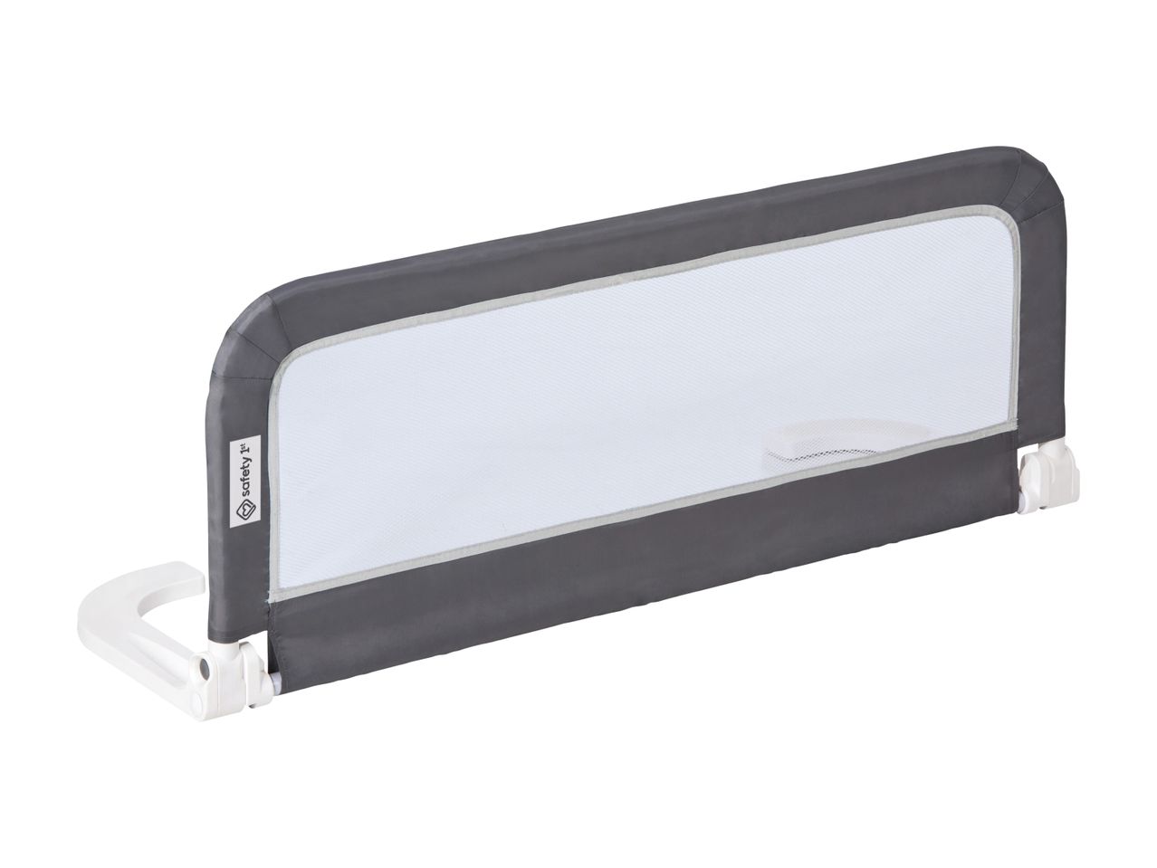 Grey bed rail with white mesh panel and white plastic base