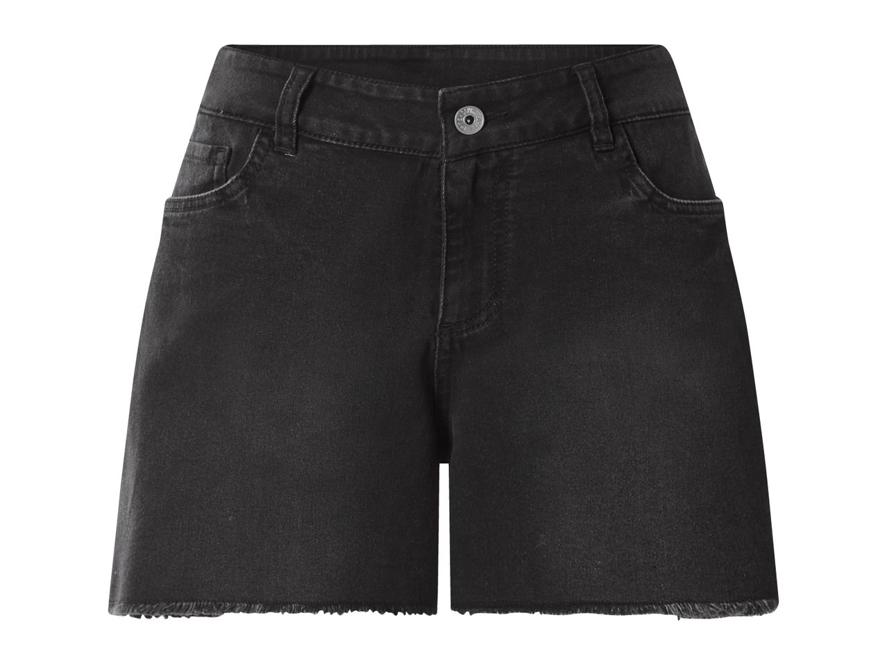 Black denim shorts with frayed hem and front pockets.