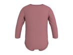 Back view of a plain long-sleeved baby bodysuit in a dusty rose color.