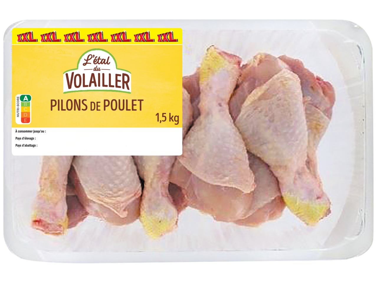 Barquette de pilons de poulet de 1,5 kg avec Nutri-Score A et l'étiquette 'XXL'.