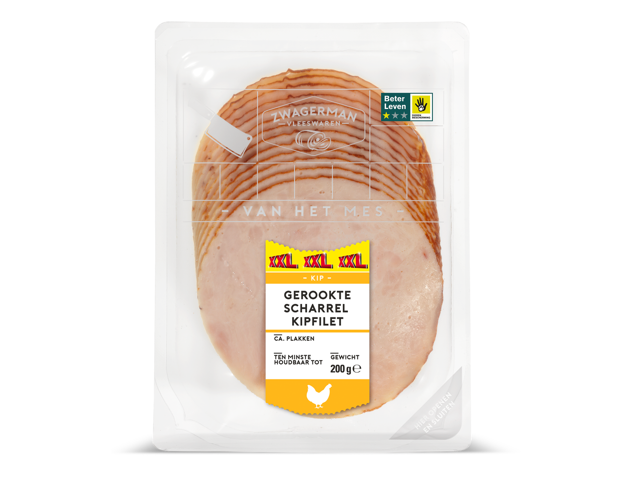 Verpakking gerookte scharrelkipfilet, 200g, met Beter Leven keurmerk en XXL-aanduiding.