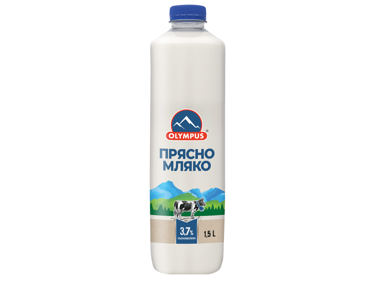 Бутилка прясно мляко с 3.7% масленост и обем 1.5 литра, с планински пейзаж и крава.