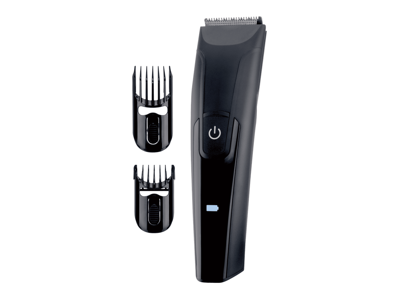 Musta hiustenleikkuukone, jossa on kaksi ohjauskampaa ja virtapainike.