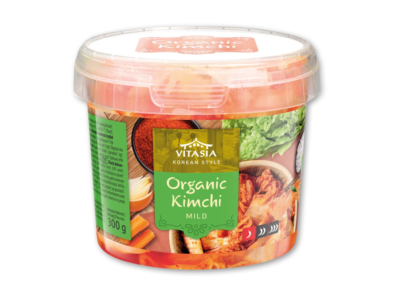 Økologisk kimchi i en klar beholder, mild koreansk stil, 300g.