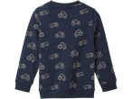 Camisola azul infantil com padrões de trator.