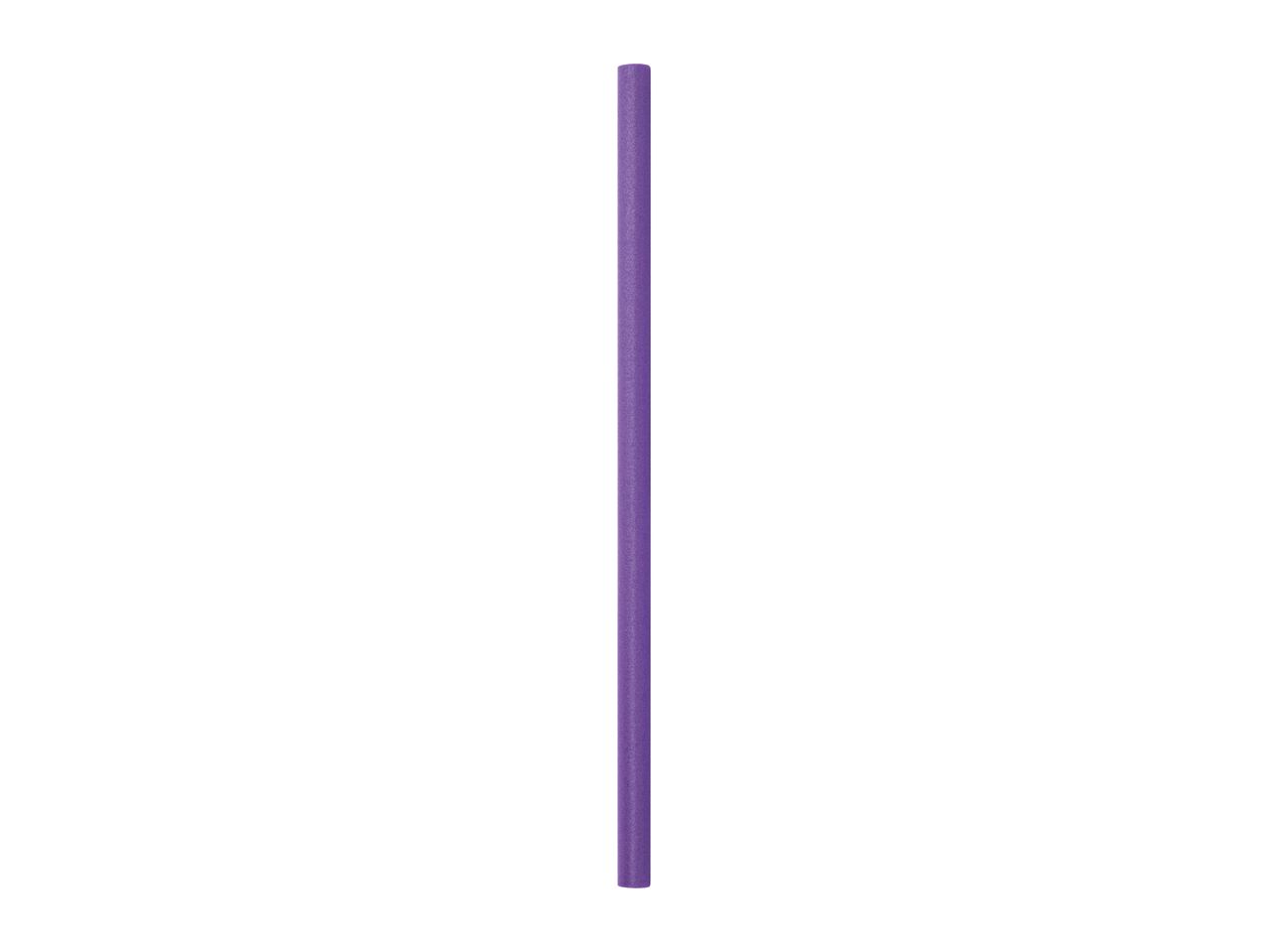 A single purple foam hair roller standing vertically on a white background.