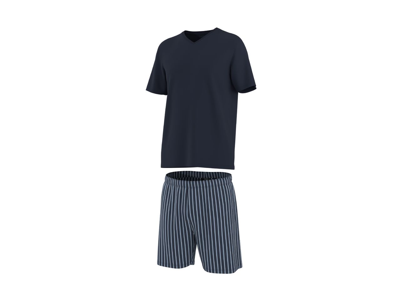 Men's navy blue V-neck t-shirt and striped boxer shorts.