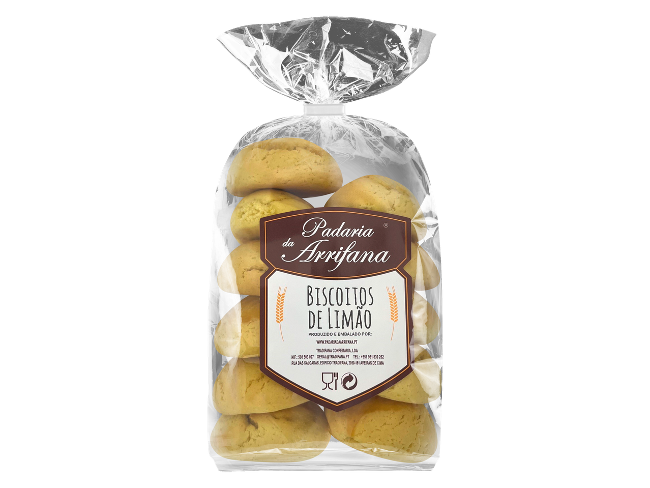 Biscuiți de lămâie Padaria da Arrifana într-o pungă transparentă.